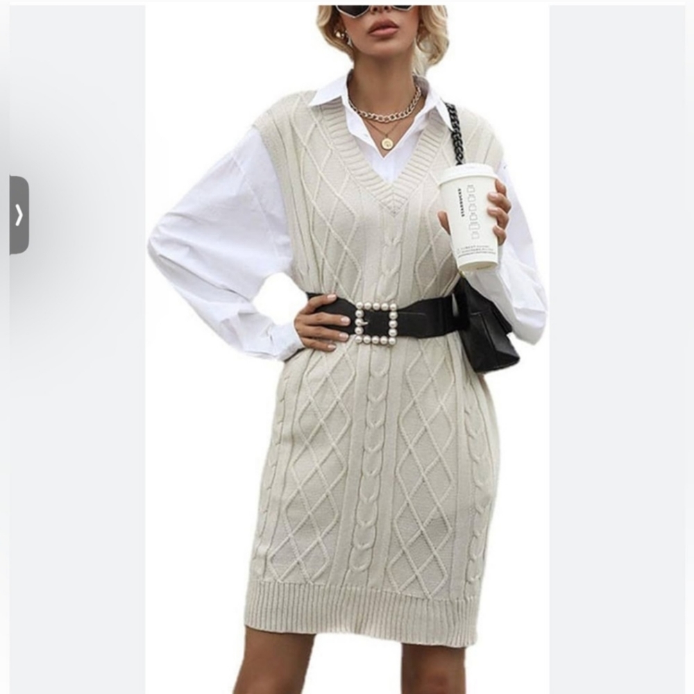 - Cupcakes & Cashmere gray cable knit sweater vest dress w attached white …
